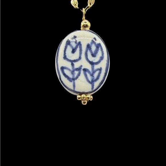 Blue and White Floral Ceramic Pendant on Stainless Steel Necklace - Picture 11 of 13